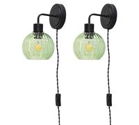First Choice Lighting Set of 2 Toby - Black Plug in Wall Lights Green Ribbed Shades First Choice Lighting Black