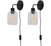 First Choice Lighting Set Of 2 Toby - Black Plug In Wall Lights Ribbed Glass Shades