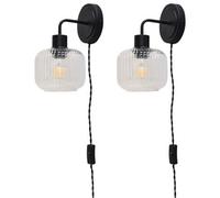 First Choice Lighting Set Of 2 Toby - Black Plug In Wall Lights Ribbed Glass Shades