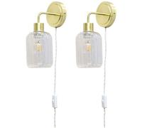 First Choice Lighting Set Of 2 Toby - Satin Brass Plug In Wall Lights Ribbed Glass Shades