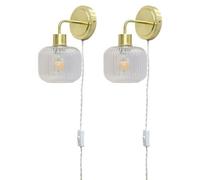 First Choice Lighting Set Of 2 Toby - Satin Brass Plug In Wall Lights Ribbed Glass Shades