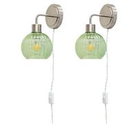 First Choice Lighting Set Of 2 Toby - Satin Nickel Plug In Wall Lights Green Shades