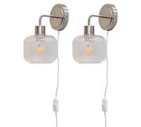 First Choice Lighting Set Of 2 Toby - Satin Nickel Plug In Wall Lights Ribbed Glass Shades