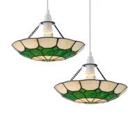 firstchoicelighting Set of 2 Green Tiffany Uplight Pendant Shades, Easy Fit Ceiling Lightshades, Traditional Coloured Glass Design