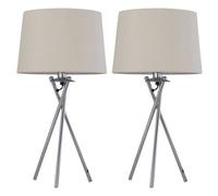 First Choice Lighting Set Of 2 Tripod - Chrome Lamps With Natural Linen Shade