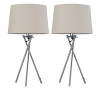 First Choice Lighting Set Of 2 Tripod - Chrome Lamps With Natural Linen Shade