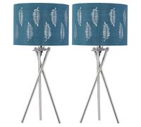 firstchoicelighting Set of 2 Tripod Table Lamps or Bedside Lights, Modern Design, Teal Leaf Cut Out Shade, Height 52cm, LED Compatible