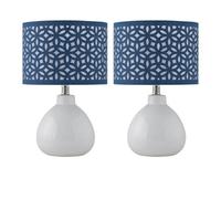 firstchoicelighting Set of 2 Modern White Ceramic 43cm Table Lamp or Bedside Lights with Navy Blue Cut Out Shade, LED Compatible