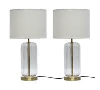 firstchoicelighting Set of 2 Ribbed Glass Brass Table Lamps or Bedside Lights, Cear Glass with Ivory Fabric Shade, Height 49cm.