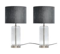 firstchoicelighting Set of 2 Ribbed Glass Brushed Chrome Table Lamps or Bedside Lights, Cear Glass with Grey Velvet Shade, Height 49cm.