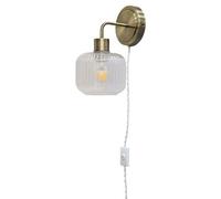 First Choice Lighting Toby - Antique Brass Plug In Wall Light With Batley Ribbed Glass Shade