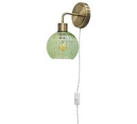 firstchoicelighting Antique Brass Plug in Wall Light or Bedside Reading Lamp with Green Ribbed Glass Shade