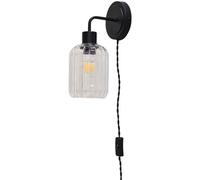 First Choice Lighting Toby - Black Plug In Wall Light With Lozenge Ribbed Glass Shade