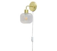 First Choice Lighting Toby - Satin Brass Plug In Wall Light With Batley Ribbed Glass Shade