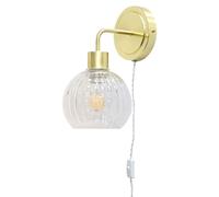 First Choice Lighting Toby - Satin Brass Plug in Wall Light with Betchley Clear Ribbed Shade in Gold First Choice Lighting Gold