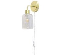 First Choice Lighting Toby - Satin Brass Plug in Wall Light with Lozenge Ribbed Glass Shade in Gold First Choice Lighting Gold