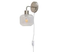First Choice Lighting Toby - Satin Nickel Plug In Wall Light With Batley Ribbed Glass Shade