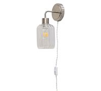 First Choice Lighting Toby - Satin Nickel Plug in Wall Light with Lozenge Ribbed Glass Shade in Silver First Choice Lighting Silver
