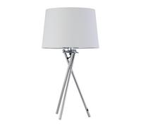 Tripod Table Lamp or Bedside Light, Chrome with White & Silver Fabric Shade, LED Compatible, Height 53cm, Inline Switch
