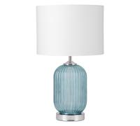 firstchoicelighting Turquoise Ribbed Glass Table Lamp or Bedside Light Modern Deco Design Lamp White Fabric Shade 47cm Height LED Compatible