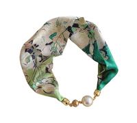 First Choose Silk Felling Magnetic Buckle with Rhinestone Small Neckerchief Clavicle Collar Headpiece Pendant Scarf for Women, Green-painting Flowers, 55x15cm