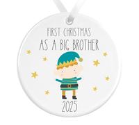First Christmas as a Big Brother Elf Ceramic Ornament | Elf Design New Baby Sister Brother Bauble Gift | Big Brother Elf Decoration (White Ribbon)