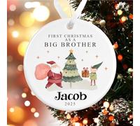 First Christmas as a Big Brother Name Bauble | Personalised Baby Ornament | Santa Tree Elf Ceramic Decoration | Boy Girl Brother Sister Gift (White Ribbon)