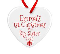 First Christmas As A Big Sister Heart Decoration Personalised With Any Name And Any Year - 1st Xmas Tree Decoration Handmade Bauble (Red - Ceramic)