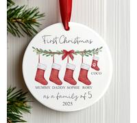 First Christmas as a Family of 2,3,4,5,6,7,8 Bauble | Ceramic Red Stockings Family of Any Names Christmas Ornament | Family Decoration Personalised Names Gift (Red Ribbon, Family of 5)