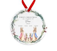 First Christmas as a Family of Four Bauble | Ceramic Rabbit Family of 4 Christmas Ornament | Family Decoration Personalised Names Gift (D1 Red Ribbon)