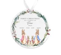 First Christmas as a Family of Four Bauble | Ceramic Rabbit Family of 4 Christmas Ornament | Family Decoration Personalised Names Gift (D1 White Ribbon)