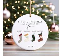 First Christmas as a Family of Four Bauble | Ceramic Stockings Family of 4 Christmas Ornament | Family Decoration Personalised Names Gift (D1 Gold Cord)