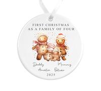 First Christmas as a Family of Four Bauble | Ceramic Watercolour Gingerbread Family of 4 Christmas Ornament | Personalised 1st xmas decoration with any names (White Ribbon, Family of 4)