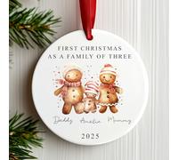 First Christmas as a Family of Three Bauble | Ceramic Watercolour Gingerbread Family of 3 Christmas Ornament | Personalised 1st xmas decoration with any names (Red Ribbon, Family of 3)
