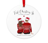 First Christmas as a Family of Three Bauble, Personalised Baby Ornament | Ceramic tree decoration for a family of three, personalised with names and clothing options for baby’s first Christmas.