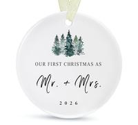 First Christmas as Mr and Mrs Ornament 2025,1st Year Wedding Ornament for Newlywed,Our First Married Christmas Ornament,Ceramic Hanging Decoration for Couples Just Married with Gift Box&Ribbon (2.9"