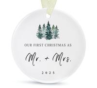 First Christmas as Mr and Mrs Ornament 2025,1st Year Wedding Ornament for Newlywed,Our First Married Christmas Ornament,Ceramic Hanging Decoration for Couples Just Married with Gift Box&Ribbon (2.9"