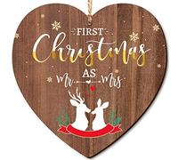 First Christmas as Mr and Mrs Wooden Hanging Heart Plaque and Greeting Card Couples of Family Together Xmas Christmas Tree Bauble Decoration Ornament for 1st Wedding Gifts Keepsake