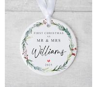 First Christmas as Mr & Mrs Bauble | Ceramic Christmas Winter Wreath Ornament | 1st Xmas Married Couple Decoration Personalised Name Wedding Gift (White Ribbon)