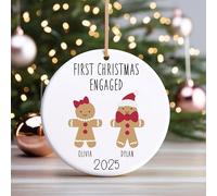 First Christmas Engaged Bauble | Ceramic Gingerbread People Christmas Engagement Ornament | Xmas Engaged Decoration Personalised Names (Gold Cord)