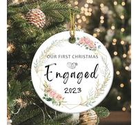First Christmas Engaged Ornament 2023 Round Xmas Ceramic Ornament 1st Year Keepsake for Newlywed Xmas Gift for Couples 1st Anniversary Xmas Hanging Decor 3" Rings