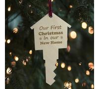First Christmas In New Home Engraved Wood Bauble, New Home Christmas Tree Decorations, Housewarming Gifts, House Key Hanging Bauble, New Home Gifts For Couple (Design 1)