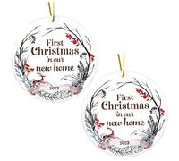 First Christmas In Our New Home 2024 Rustic Family Christmas Ornament Wood Hanging Round New House Ornament for xmas Gifts Style 3,New House Ornament 3