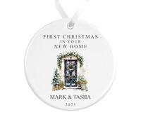 First Christmas in Your New Home Decoration | Personalised New Home Tree Ornament | Front Door Ceramic Bauble Housewarming Gift at Christmas (Black with White)