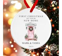 First Christmas in Your New Home Decoration | Personalised New Home Tree Ornament | Front Door Ceramic Bauble Housewarming Gift at Christmas (Pink)