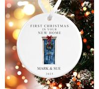 First Christmas in Your New Home Decoration | Personalised New Home Tree Ornament | Front Door Ceramic Bauble Housewarming Gift at Christmas (Blue with White Ribbon)
