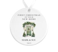 First Christmas in Your New Home Decoration | Personalised New Home Tree Ornament | Green Door Ceramic Bauble Housewarming Gift at Christmas (White Ribbon)