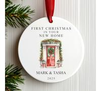 First Christmas in Your New Home Decoration | Personalised New Home Tree Ornament | Red Door Ceramic Bauble Housewarming Gift at Christmas (Red Ribbon)