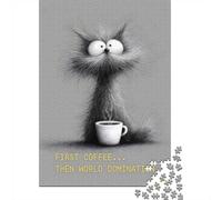 First Coffee... Then World Domination - Cat with Coffee 1000-Piece Puzzle for Adults, 52x38cm/1000pcs, Clean White Cardboard for Sorting; A Weekend Activity at Your Own Pace