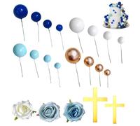 First Communion and Baptism Cake Decoration Set - Elegant Floral and Cross Design with Gold and Blue Balls, Includes 1 Blue Flower, 1 Misty Blue Flower, 1 White Flower, 2 Gold Crosses, and 1
